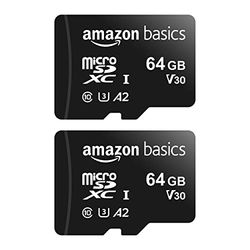 Amazon Basics Micro-SDXC-geheugenkaart, met adapter in volledige grootte, A2, U3, leessnelheid tot 100 MB/s, 64 gb, set van 2, zwart
