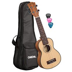 CASCHA Sopraan Ukelele voor linkshandigen, massief sparrendeken, Spruce Solid Top, Hawaii gitaarset met aquila-snaren, accessoires en 3 plectrums