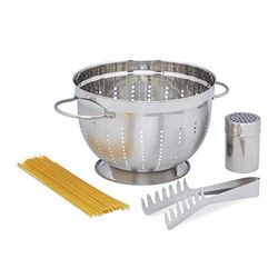 Relaxdays 3-Piece Pasta Set, Stainless Steel Cooking Utensils for Pasta, Sieve with Handle, Spaghetti Tong & Cheese Grater, Silver