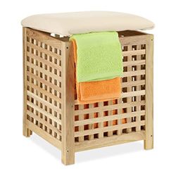 Relaxdays Cesta de Ropa Sucia con Asiento, Taburete Baño con Almacenaje, Madera de Nogal, 45 L, 50 x 39 x 39 cm, Natural, 80% algodón 10% Espuma