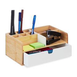 Relaxdays bureau organizer, 1 lade, bamboe, 9 vakken, HxBxD: 10 x 25 x 15,5 cm, make-up organizer, pennenbak, natuur/wit