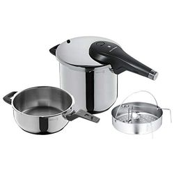 WMF Perfect Premium tryckkokare set induktion 3 delar, ångkokare 6,5 l + 3 l med insatsset, Cromargan rostfritt stål, 2 matlagningsnivåer, vridknapp