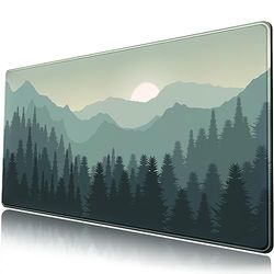 Grote groene bureaumat met bos en bergen, XXL uitgebreide gaming-muismat, natuurthema met zonsondergang en berglandschap, toetsenbord en muismat, 80 x 40 cm, perfect voor desktop