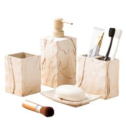 RQYIXI Keramiskt badrumstillbehör set komplett 4 delar retro stil tvåldispenser & tandborsthållare set (marmorbrun)