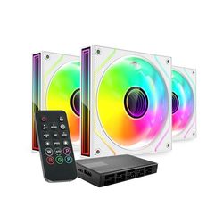 Mars Gaming MF-3DPROKIT, Kit 3X Ventilateurs PWM 120mm, Éclairage ARGB Infinity Mirror 3D, Système de contrôle PWM, Paliers FDB, Télécommande et HUB, Compatibilité Totale ARGB, Blanc