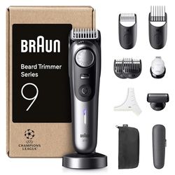 Braun Beard Trimmer Series 9, +11 Barbering Tools, Power Boost & Lifetime Sharp ProBlade, 180 Min, with Fade, 52 Lengths, PrecisionWheel & Lock, Waterproof, BT9545, Chrome