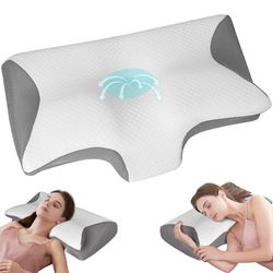 Cozary Memoria Almohadas Ergonómico Almohada Cervicales con Soporte para el Cuello 2 Alturas Funda Amovible Ideal para Todos los Estilos de Sueño Gris