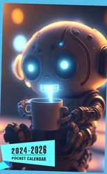 Pocket Calendar 2024 - 2026: Three-Year Monthly Planner for Purse , 36 Months from January 2024 to December 2026 | Cute robot with LED eyes | Drinking coffee