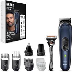 Braun Series 7 All-In-One baardverzorgingsset 10-in-1 baardtrimmer trimmer/tondeuse voor heren tondeuse waterdicht 100 minuten draadloze looptijd vaderdagcadeau MGK7410 Zwart/diepBlauw