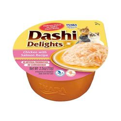 INABA Dashi Delights - Morceaux dans Un Bouillon de Flocons de bonite au Saumon - 1 x 70g - Topping - Riche en protéines - Ingrédients naturels - Délicieux et sain - Pâtée pour Chat