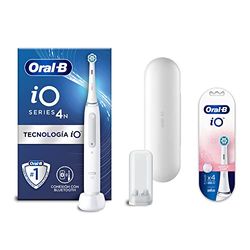 Oral-B iO 4 Cepillo de Dientes Eléctrico Blanco con Mango Recargable, Tecnología Magnética iO, 1 Cabezal de Recambio y Funda de Viaje + 4 Cabezales Blancos Gentle Care