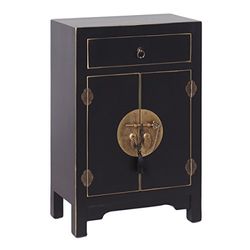 Lola Home Table de Chevet 1 tiroir et 2 Portes orientales en Bois Noir pour Salon Soleil Nacent, contreplaqué, 45 x 69 x 26 cm