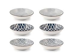 H&H Silk Set of 6 Porcelain Bowls, Assorted Decorations, 14 x H2.5 cm, Blue and White, 14 cm