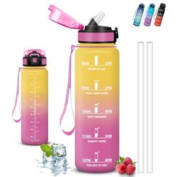 Drinkfles, 1 liter, waterfles met rietje, lekvrij, sportfles, motiverende spreuken, motiverende drinkfles, gemakkelijk mee te nemen, voor school, fitness, camping, yoga