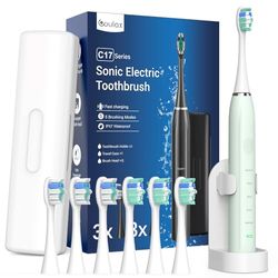 Cepillo de Dientes Eléctrico Sónico para Familia - Cepillo Electrico Adultos Infantil con 6 Cabezales y Estuche de Viaje, 5 Modos y Temporizador, Cepillos de Dientes Ultrasónicos, Verde Claro