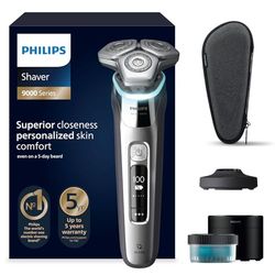 Philips S9000, Afeitadora Eléctrica Hombre, Máquina de Afeitar Barba en Seco y Mojado con Tecnología SkinIQ, Cortapatillas Desplegable, Centro de Limpieza, Soporte de Carga, Estuche de Viaje, S9975/54
