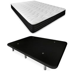 DUÉRMETE ONLINE Lit Complet avec Matelas Pocket Visco Réversible + Base Tapissée Renforcée Noir 6 Pieds Bois 90 x 190
