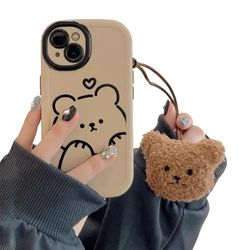 Schattig bruin teddybeerpatroon telefoonhoesje met Kawaii 3D cartoon beer hangers iPhone 14 Pro, antislip ontwerp en schokabsorptie, telefoonhoesje voor tienermeisjes, jongens, vrouwen en mannen