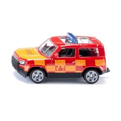 siku 1568, Land Rover Defender Pompiers, Voiture-jouet, métal/plastique, rouge/jaune, Attelage de Remorque, Roues caoutchoutées, Barres de signalisation bleues