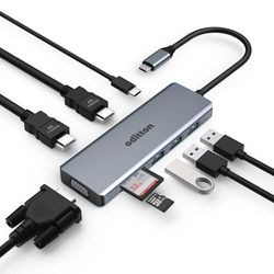 oditton USB-C-hub, 9-in-1 USB C-adapter, multiport docking station, compatibel met USB C-laptops en andere type C-apparaten (2 x 4K HDMI, VGA, 3 x USB A 3.0, 100 W PD, SD/TF)