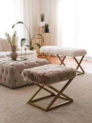 Atelier Del Sofa Elegante puf con Marco de Metal, Tejido de Peluche, 50 cm de Ancho x 42 cm de Alto x 40 cm de diámetro | Elegante diseño marrón y Dorado salón y Dormitorio