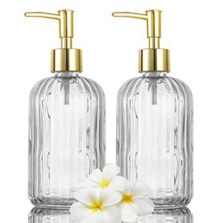 KOOSREEL Paquete de 2 jabones de Vidrio versátiles, Botella de Bomba sin Goteo de 17 onzas, dispensador de Tarro de Mano líquido Recargable para baño, encimera, Cocina, lavandería, Transparente, 17