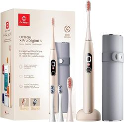 Oclean X Pro Digital Brosse à dents électrique, 4 Têtes et Étui de voyage, Écran tactile 3 Modes et Suivi en temps réel de 8 zones, Autonomie 30 jours, Minuteur & APP, Doré Set Cadeau Noël