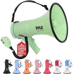 Pyle 50W Megaphone Bullhorn - Portable, Automatic Siren & Adjustable Volume,Projection Range Up to 1200 Square Yards, Aux Input, Talk, Siren, Music, Whistle, & Record, Shoulder Strap (Green)