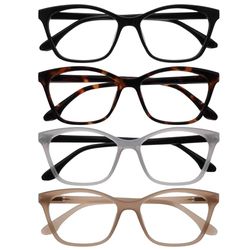 OPULIZE KAT Set di 4 Occhiali da Lettura - Montatura a Occhi di Gatto - Nero, Marrone, Grigio, Tortora - Uomo e Donna - Cerniere a Molla - RRRR59-127U - +1.50