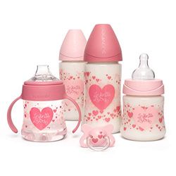 Suavinex, Set de Biberones para Recién Nacidos, Set Regalo con: 2 Biberones 270 ml + 1 Biberón 150 ml + Vaso Aprendizaje Bebé 150 ml + Chupete con Tetina Fisiológica de Silicona, -2 a 2 Meses, Rosa