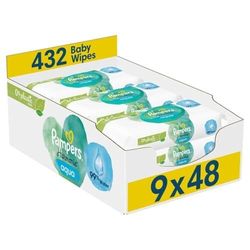 Pampers Chusteczki nawilżające dla niemowląt Harmonie, Aqua, 432 chusteczki (9 x 48), delikatna ochrona skóry dla delikatnej skóry z 99% wody