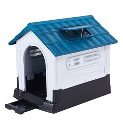 Lanco - Cuccia per Cani di Piccola Taglia con Tettuccio Regolabile e Toilette. Uso interno ed esterno con griglie di ventilazione. Materiale resistente. 68x55x66 cm. Blu e bianco.