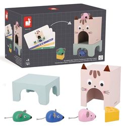 Janod - Gama Pedagogía - Orientarse En El Espacio Gato y Ratón - 6 Accesorios de Madera + 12 Cartas - Juguete Educativo Infantil - A Partir de 36 Meses, J05078