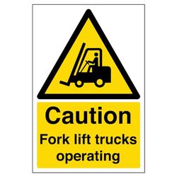 VSafety, cartello con scritta "Caution Fork Lift Trucks Operation", verticale, 200 mm x 300 mm, in plastica rigida da 2 mm