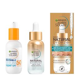 Garnier Kit Ambre Solaire con Gocce Viso Autoabbronzanti, Natural Bronzer, E Siero Viso Protettivo Invisibile, con SPF 50+, Super UV, Pelle Abbronzata, Idratata e Protetta, 30 ml + 30 ml