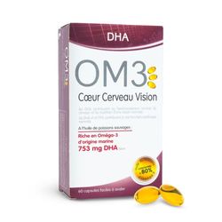 OM3 - DHA Cœur Cerveau Vision -Préserver le capital du cœur, du cerveau et de la vision- Huile de poisson concentré à 80% d'Oméga 3-60 capsules