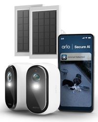 Arlo Essential 3 HD Video Security Camera Outdoor Wireless & 2 Solar Panels, Battery Operated, Colour Night Vision, Light, Siren, 2 Way Audio & WiFi, Secure Free Trial, 2 Cameras, White