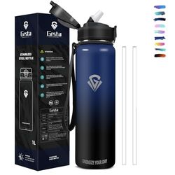 Grsta Termisk flaska, 1 liter vattenflaska, vattenflaska med sugrör, BPA-fri, vakuum med dubbelvägg, läckagesäker stål termisk vattenflaska, metallflaska för sport, camping, gym