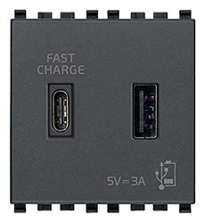 Vimar 20295.AC Eikon USB-aansluiting 5 V 3 A, 1 uitgang USB type A en 1 type C, leveren in totaal 3 A om een apparaat met maximaal 3 A of twee apparaten tegelijkertijd op te laden