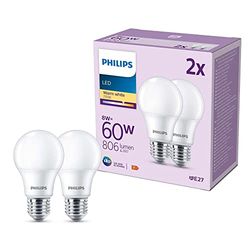 Philips LED Frosted A60 Light Bulb 2 Pack [Warm White 2700K - E27 Edison Screw] 60W, Non Dimmable. for Home Indoor Lighting