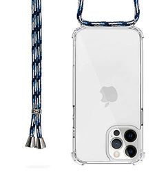 Trop Saint® Beschermhoes met trekkoord voor iPhone 13 Pro van siliconen, transparant, crossbody-beschermhoes met schouderriem, blauw/meerkleurig