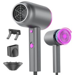 Seche Cheveux Ionique Professionnel,Sèche Cheveux Avec Diffuseur Buse de Coiffage et Support Mural,Bouton chaud/froid, 3 Niveaux de Chaleur, 2 Vitesses, 1800W Sèche-cheveux Voyage Petit (Gris Rose)