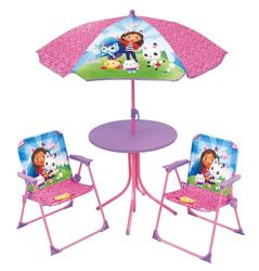 Fun House 713602 Gabby ET LA Maison Magique Salon de Jardin pour enfant avec un table H.46 X Ø 46 CM, Due Sedie H.53 X L.38,5 X P.37,5 CM et un ombrellone H.125 X Ø 100 CM, Rose