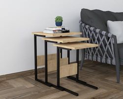 Elegante nesttafel set (3 stuks) - zwart & saffier oak, 100% melamine gecoat, ijzeren poten, large: 40x55x40cm, Medium: 36x50x36cm, Small: 32x45x32cm | Stijlvol & functioneel voor moderne ruimtes