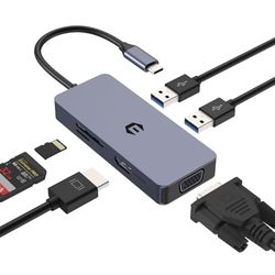 USB C HUB, dual monitor USB C adapter, multifunctioneel dockingstation, USB C HUB met VGA, HDMI, 2 USB 3.0, SD/TF kaartlezer voor laptop, Chrome OS systemen