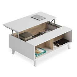 Habitdesign 0F6633BO - Mesa de centro elevável Zaiken sala de jantar, mesa móvel sala de estar, acabamento em branco brilho e carvalho canadense, medidas: 100 cm (comprimento) x 38/48 cm (altura) x 68