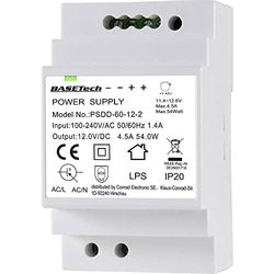 Basetech BT-2250320 DIN-skena nätaggregat 12 V 4.5 A 54 W Antal utgångar:2 x Innehåll 1 st