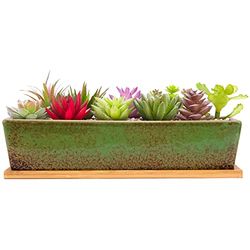 ARTKETTY 30 cm keramiska krukor för suckulenter, moderna långa rektangulära blommor växtbehållare med bricka, grund kaktus bonsai fönsterlåda med dränering för inomhus/utomhus heminredning (grön)