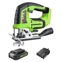 Greenworks GD24JSK2 Accu Decoupeerzaag met 2 Bladen, 3000 Spm, Verstelbaar Voetstuk Tot 45°, Stofzuiger Opzetstuk PLUS 24V 2Ah Accu en Oplader, 3 Jaar Garantie