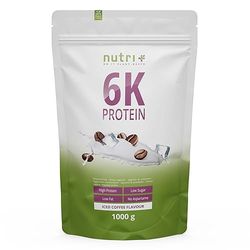 Nutri + 6K Poudre de protéines végétaliennes- Café glacé - sachet de 1 kg - avec de la caféine - sans lactose, whey ou caséine - idéal pour la musculation